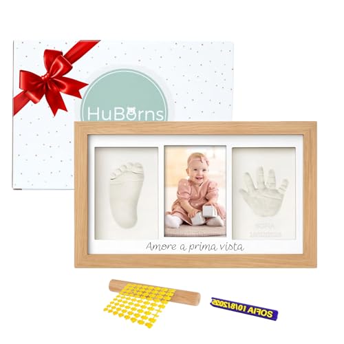 HuBorns – Marco huellas bebé recién nacido con arcilla, kit completo para huella pie y mano, cuadro recuerdo original, regalo bebé niño o niña y decoración habitación infantil