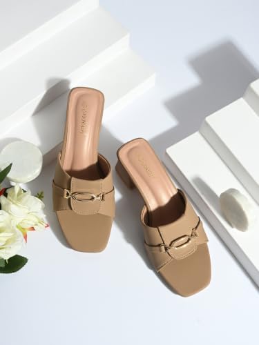 Image of Women's Block Heel Mule Sandals | Stylish Slip-On Heels with Metal Chain Detail | Cushioned Footbed | Square Toe Fashion Slides for Party, Office & Casual Wear