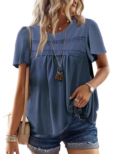 Image of Falechay Womens Summer Tops Crewneck Short Sleeve Striped Shirts Casual Ribbed Blouses Flowy Hem Boho Clothing 2026