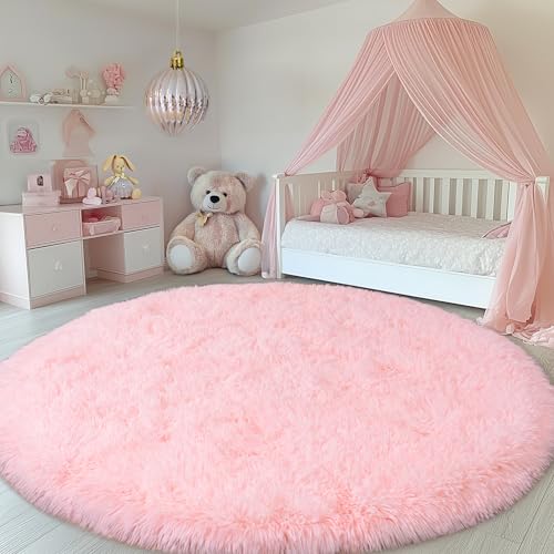 Round Fluffy Pink Rug for Bedroom, 8Ft Large Fuzzy Shag Circle Area Rug for Girls Kids Room Nursery, Soft Non Slip Plush Carpet for Dorm Living Room Home Decor