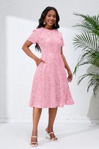 Image of Sequins Glitter Short Sleeve Women's Maxi A-line Dress - Sparkly Party Elegant