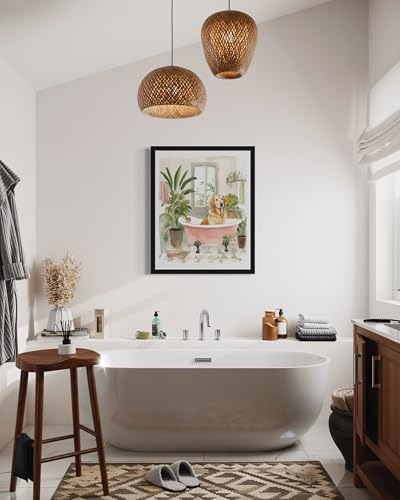 Image of Golden Retriever in Bathtub Black Framed Wall Art Poster Print, Animal Bathtub Restroom Wall Art Painting for Bathroom Decor Gallery Gallery 30 (Golden Retriever in Bathtub, 10 inchL x 8 inchW, Black Frame)