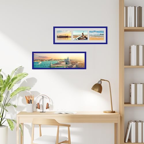 decorUhome 6x20 Picture Frames Collage Wall Decor, Display 3Pcs 4x6 Photos with Mat or 1Pcs 6x20 Unmatted, 3 4x6 Collage Picture Frames for Wall Mounting, Royal Blue — view 2