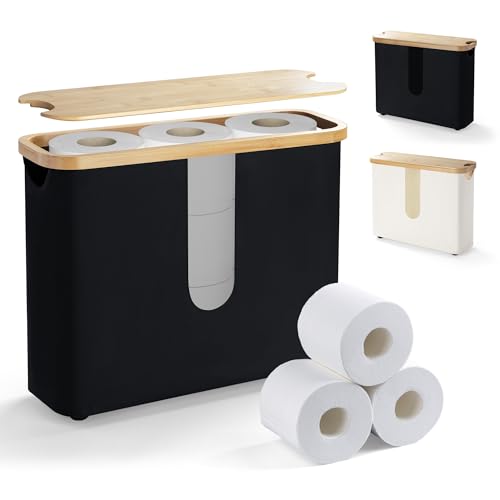 LOVSTORAGE Toilet Paper Storage Basket with Lid, Bathroom Paper Organizer Holds up to 12 Rolls, Waterproof Toilet Tissue Storage Bin with Footbase and Handle(Black)
