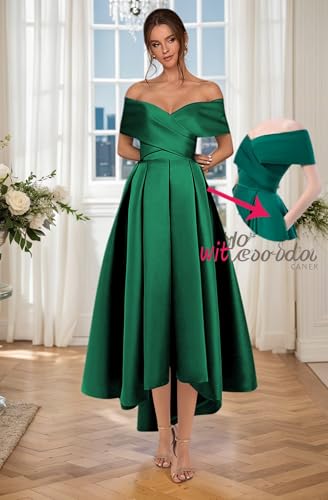 Women’s High Low Satin Prom Dress with Pockets Off The Shoulder Formal Cocktail Homecoming Dresses4