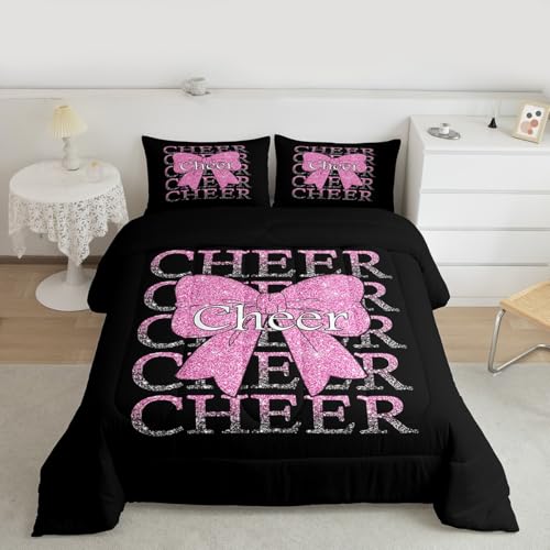 Image of Feelyou Cheer Bow Comforter Set Queen Size Cheerleading Bedding Set for Kids Boys Girls Funny Sport Duvet Quilt Pink Bedroom Decor Microfiber 3 Pcs with 2 Pillow Cases