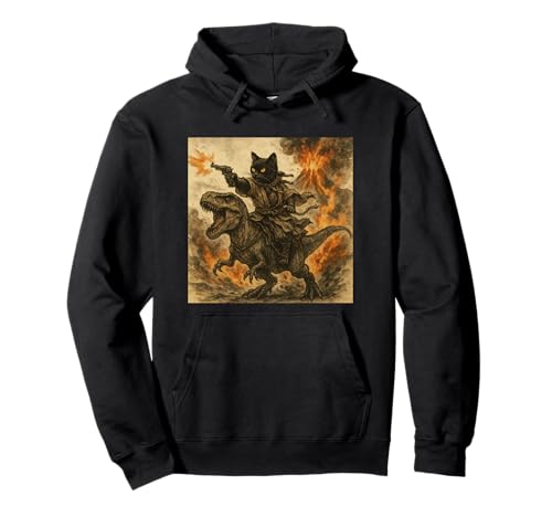Samurai Cat Riding Dinosaur in Volcanic Eruption Art Sudadera con Capucha