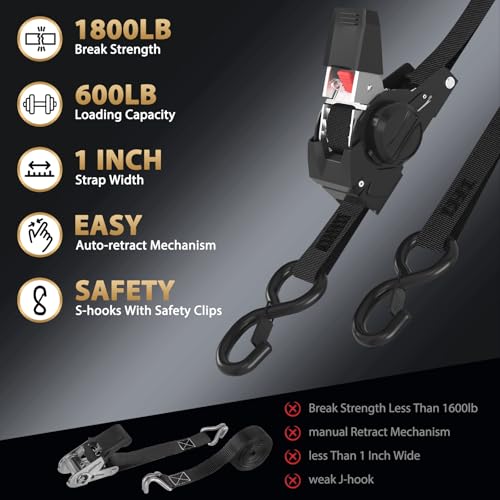 Image of 6FT Retractable Ratchet Straps(2-Pack) - 1 Inch (1800 LB Break Strength) Heavy Duty Self Retracting Ratchet Straps with Soft Loops & Storage Bag for Household, Motorcycle, Truck, ATV(Black)