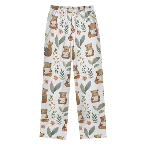 Cartoon Bears Read Book Pajama Pants Lounge Sleep Pants Elastic Waist Long Pajama Bottoms with Pockets for 6-14 Years2
