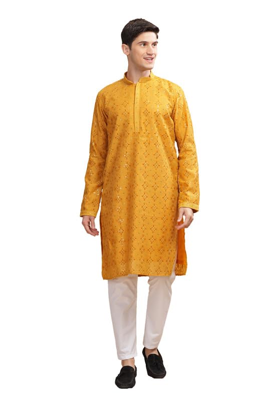 Be Active Men's Cotton Regular Kurta (Sk0801-Kr_Mehndi Yellow