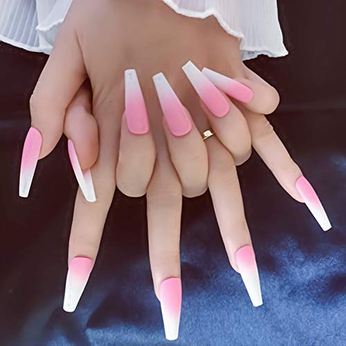 editTime Super Long Rainbow Fake Nails Gradient Color Coffin Glossy or Matte Press on Ballerina Acrylic Extra Long False Nails Leopard Cows Fingers Nails (Matte, pink)