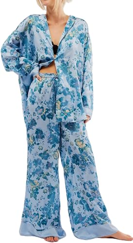 Image of LILTWIST Silk Satin Pajamas Set for Women 2 Piece Floral Pjs Wide Leg Lounge Pants Set Long Sleeve Button down Pj Shirts Set