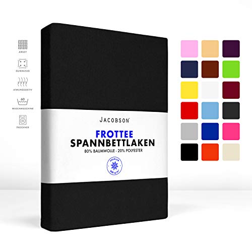 Jacobson Premium FROTTEE Spannbettlaken Spannbetttuch Bettlaken Baumwolle ca. 200g/m² (120x200cm – 130x200cm, Schwarz)