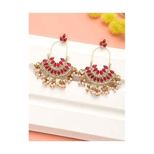 Zaveri Pearls Pink Kundan Austrian Diamonds & Beads Dangle Ethnic Earrings For Women - ZPFK1194 - Image 6