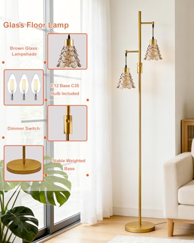 Image of 2-Light Modern Glass Floor Lamp, Gold Standing Tall Lamp with Amber Shell Glass Shade, Dimmable LED Floor Lamp with 5Lbs Heavy Base for Living Room Bedroom Home Decor, Bulb Included