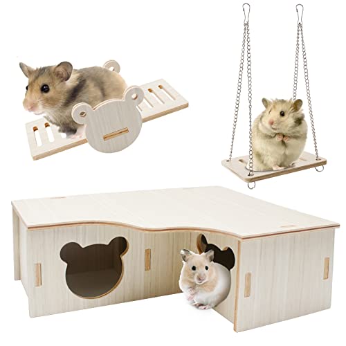 Hamster Spielzeug 3 Stück Holz Hamster Zubehör Haus Wippe Schaukel, Naturholz Zwerghamster Spielzeug DIY Hamster Spielzeug für Goldhamster Rennmaus Meerschweinchen Chinchilla Ratten Nagetiere Cover