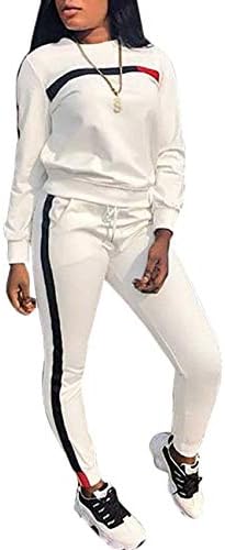 KANSOON Women Stripe Patchwork Two Piece Sweatsuit Round Neck Pullover and Skinny Long Pants White M