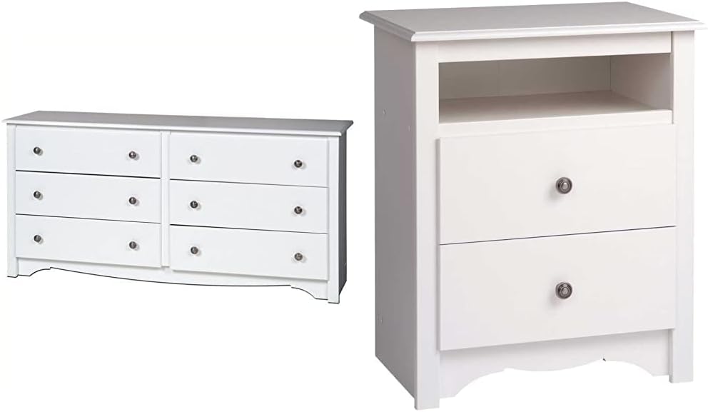 Prepac Sonoma 6 Drawer Double Dresser for Bedroom, White & Sonoma Nightstand with Open Shelf, White
