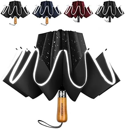 LEAGERA Sun Umbrella UV Protection Compact Windproof Reverse Umbrella for Rain - 54 inch Portable Automatic Open and Close Folding Inverted Car Travel Umbrella with Wooden Handle for Men,Black