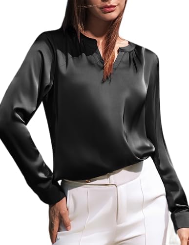 GRACE KARIN Women Blouses Dressy Casual Long Sleeve, Satin Silk Shirts for Work, Basic Tops V Neck, Fashion Outfits Trendy
