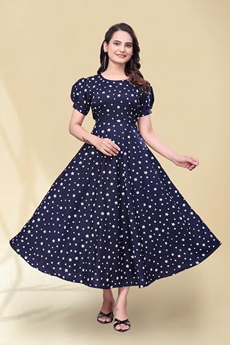 Image of Women's A-Line Crepe Maxi Dress | Stylish Fit and Flare Dress with Round Neck Short Puff Sleeves for Casual Wear