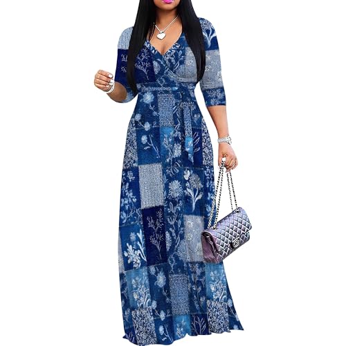 Image of SUZONANA Plus Size Dresses for Women Print Maxi Dresses Flowy 3 /4 Sleeve with Belt