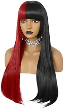 Amazon Com Anogol Wig Cap Half Red And Half Black Wig With Bangs For Women Split Color Wig Long Straight Wig For Girls Half And Half Wig For Women Girls Men Boys Dress