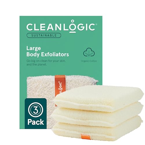 Cleanlogic Organic Cotton Large Exfoliating Body Scrubber (4.5 x 6.1 in) Deep Cleansing Shower Exfoliator for Athletes Fast-Drying Dead Skin Remover for Full Body 3 Count Value Pack