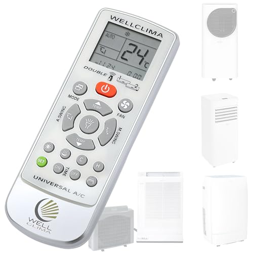 Wellclima® Télécommande pour Climatiseurs Portables Compatible avec Argo, Fonctionne avec Plus de 50 modèles, Guide Simple Inclus avec liste des modèles et Code dédié, élégante réutilisable Lampe LED
