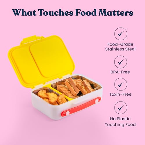 Image of rabitat Munchbee Pro Personalized Stainless Steel Kids Lunch Box 850ml- Food-Grade Steel Bento Tiffin | 2-Year Brand Warranty | Spill-Proof Flick-Lock | 3 Compartments, BPA-Free, School-Safe | Sparky