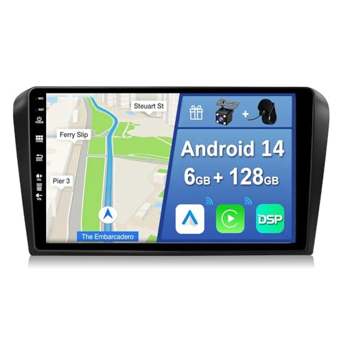 YUNTX [6GB+128GB] Android 14 2 Din Autoradio für Mazda 3(2004-2012)-[Integriertes Wireless CarPlay/Android Auto/DSP/GPS]-Rückfahrkamera+MIC-DAB/IPS/Lenkradsteuerung/MirrorLink/WiFi/USB/4G/360 Kamera