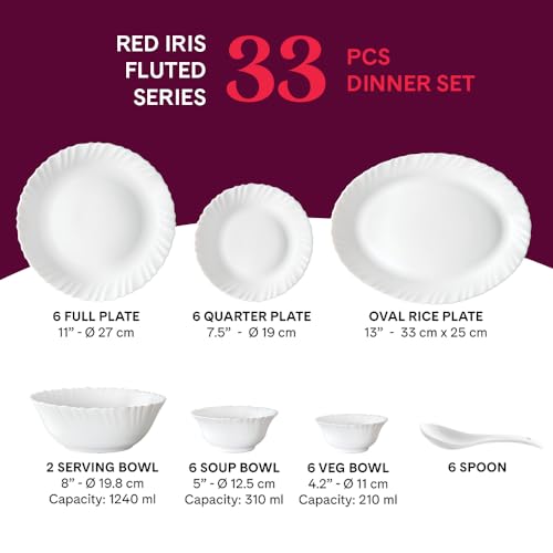 Image of Larah by Borosil Red Iris Fluted Series Opalware Dinner Set | 33 Pieces for Family of 6 | Microwave & Dishwasher Safe | Bone-Ash Free | Crockery Set for Dining & Gifting | Plates & Bowls | White