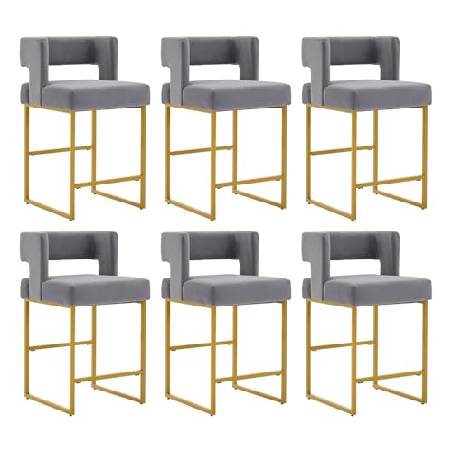Image of 26 inch H Velvet Bar Stools Set of 6, Counter Height Bar Seats with Square Back, Modern Upholstered Armless Barstools with Metal Gold Legs for Kitchen Island Dining Room Bar, Grey