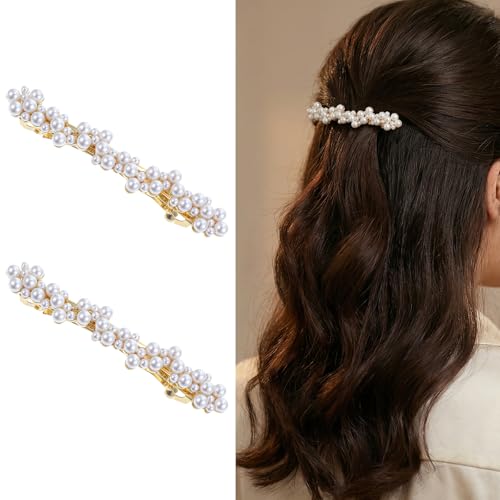 Shimmeroo 2Pcs Short Pearl Barrettes for Women Elegant Pearl Hair Clips Jewelry Accessories for Women French Bridal Hair Pins for Party Wedding Daily Use Not for Thick Hairs - 2.8 Inch