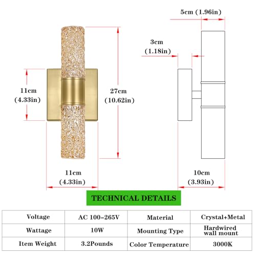 Image of 2 Pack Gold LED Wall Sconces, 10W 3000K Warm White Hardwired Wall Mounted Light Fixtures with Amber Crystal Glass, Modern Bathroom Vanity Lights for Mirror Living Room Bedroom Hallway