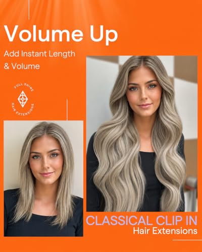 Image of Full Shine Clip in Hair Extensions Real Human Hair | Light Brown to Ash Brown Mix Platinum Blonde, Balayage Clip in Real Hair Extensions, for Cheer, 18 Inch 7 Pcs 120g