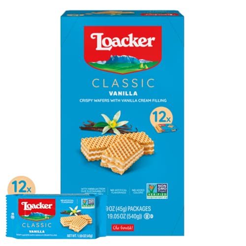 Loacker Classic Vanilla Wafers - Premium Crispy Vanilla Wafer Cookies with Cream Filling - Multipack of 12 Snack Packs - NON-GMO - Sustainably Sourced - 45g/1.59oz, Pack of 12