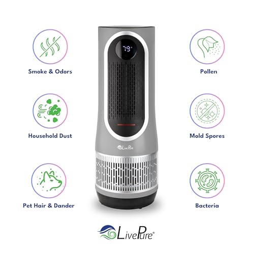 LivePure 3-in-1 LP500 Clean Heat Air Purifier & Electric Heater – Oscillating Portable Heater with 2 Heat Modes and Air Filtration – Heater for Indoor Use in Bedrooms, Home Office & Apartments, Grey
