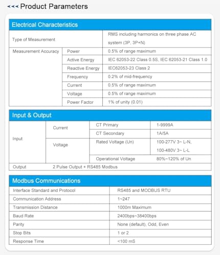 Compteur de puissance triphasé SDM630MCT 1/5 A rail DIN rail Modbus RTU électricité