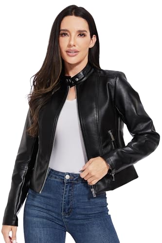 Fahsyee Faux Leather Jacket Women Biker Bomber Fashion Coat Black M