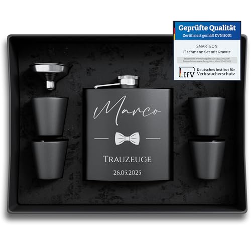 Flachmann mit Gravur Edelstahl - Flachmann Set personalisiert mit Namen - Geschenkidee Hochzeit - Geschenke für Männer - personalisierte Geschenke für Männer - Geschenk Trauzeuge (Design 4)