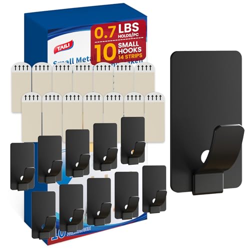 Image of TAILI Hooks for Hanging 10 Metal Sticky Hooks and 14 Adhesive Strips Black | Stainless Steel Hooks for Painted Wall, No Damage Small Adhesive Hooks, Removable & Reusable for Kitchen, Home Storage