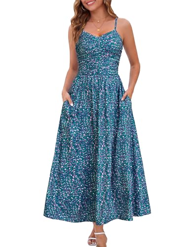 Image of Annebouti Women 2026 Summer Spring Ruched Maxi Dress Adjustable Spaghetti Strap Floral Beach Long Sundress with Pockets