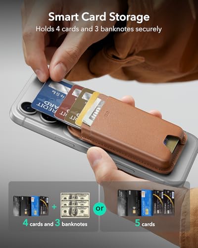 Image of ESR for MagSafe Wallet, 5 Card Holder with RFID Blocking, MagSafe Sticker Included, Slim Magnetic Wallet for iPhone 17e /17 /16 /15 /14 /13 /12 Series and Selected Samsung Devices, Not for 13 /12 Mini, Brown