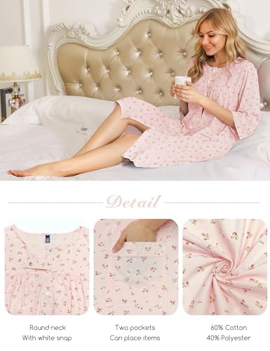 Image of Bloggerlove House Dress Women Cotton Snap Front Nightgown 3 /4 Sleeve Housecoat Duster Robe with Pockets Moomoo Patio Dress