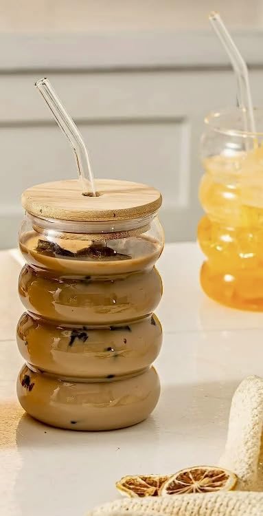 Bubble Glass Tumbler with Bamboo Lid and Glass Straw, Clear, for Coffee and Cold Drinks-image-46