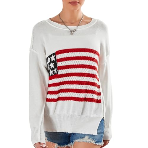 Image of Women American Flag Sweater Loose Vintage USA Sweatshirt Long Sleeve Crewneck Hollow Out 4th of July Jumper