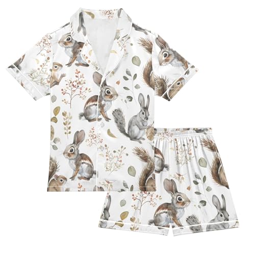 ALAZA Watercolor Gray Rabbit Satin Pajamas Set Short Sleeve Button Down Sleepwear Summer Pjs 2 Piece