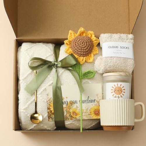 Self Care Gifts for Women - Luxury Package with 50"x70" Cozy Knitted Blanket, Fuzzy Socks, Soy Candle, Sunflower Decor | Birthday, Thinking of You, Get Well Gifts | Mom, Girlfriend, Best Friend - Image 5