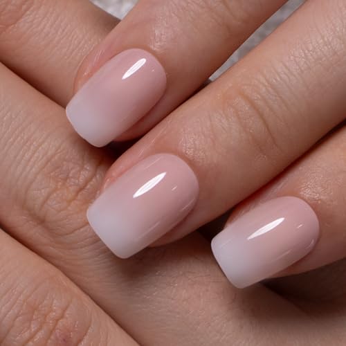 Image of CurvLife Soft Gel Ombre Short Press On Nails Square, Long-Lasting 32Pcs 16Size Reusable Fake Nails Kit with Glue Tabs, Glossy Salon-Style Manicure for Women Teens Beginners(Morning Whisper)